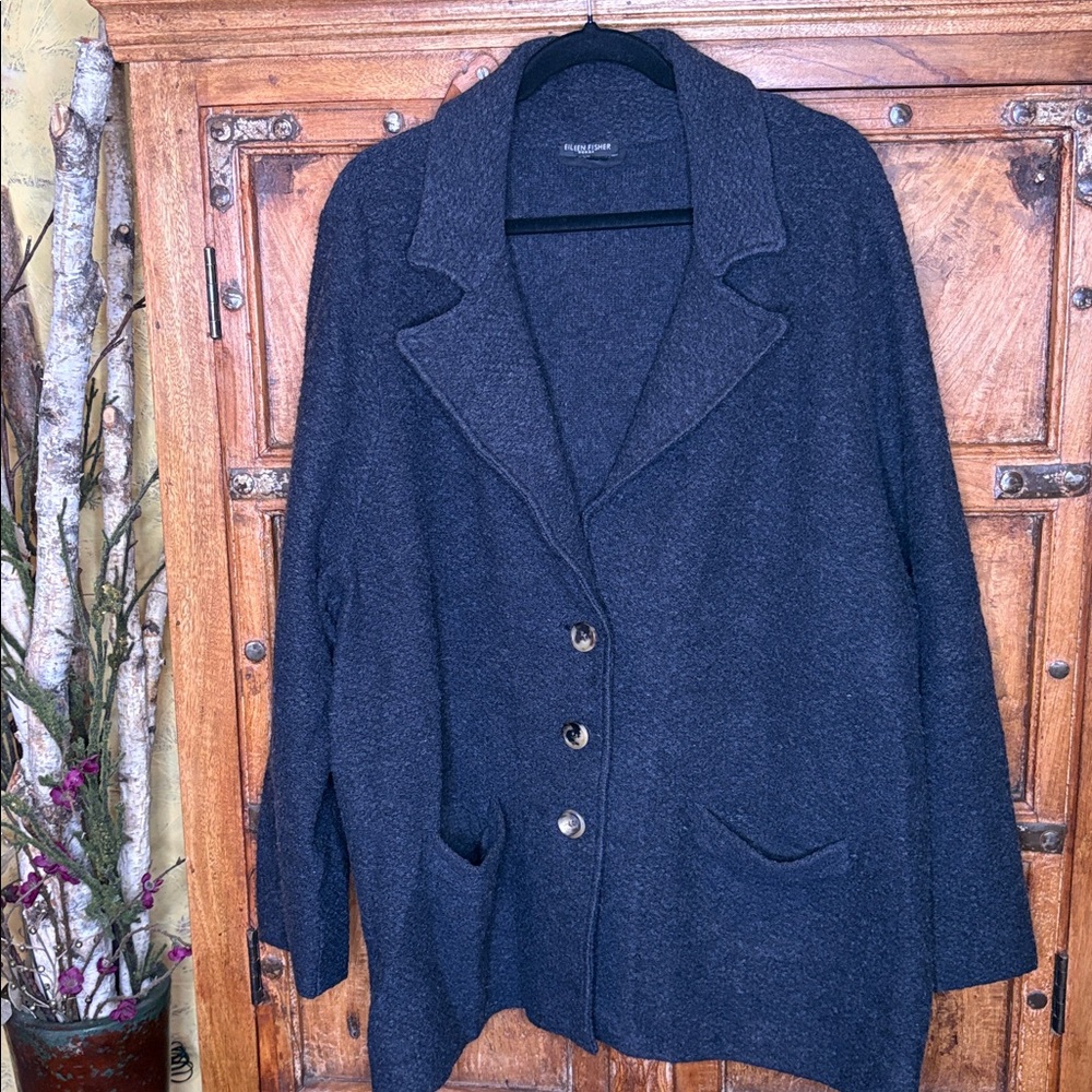 Eileen Fisher Woman Boucle 100% Wool Jacket Cardigan Blue /Gray XXL